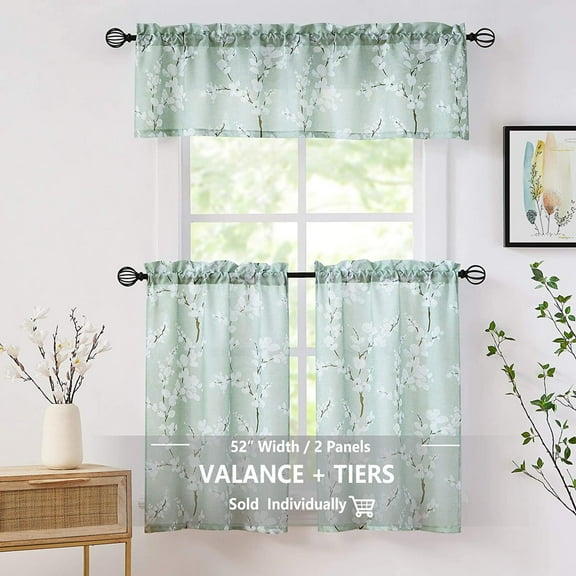 Decoultimatex Gray-White Kitchen Valance Curtain 15-inches Length Blossom Print Canvas Window Curtain Valance for Cafe Floral Botanical Pattern Window Top Curtain Rod Pocket 1 Pack