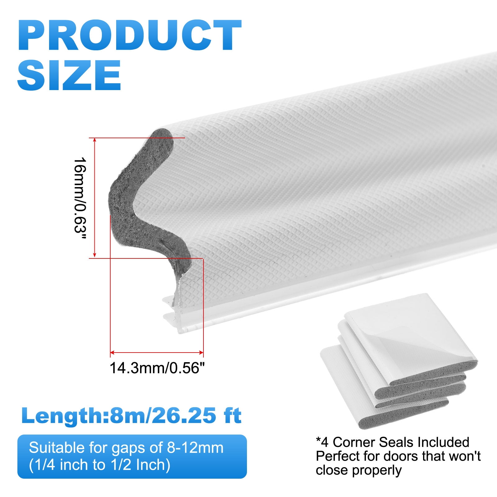 Uxcell Door Weather Stripping, 26.25 ft V-shaped Kerf Front Exterior Door Frame Weather Stripping with 4 Corner Seals for Soundproof Entry Interior Frame Window Gap Filler, White/Grey