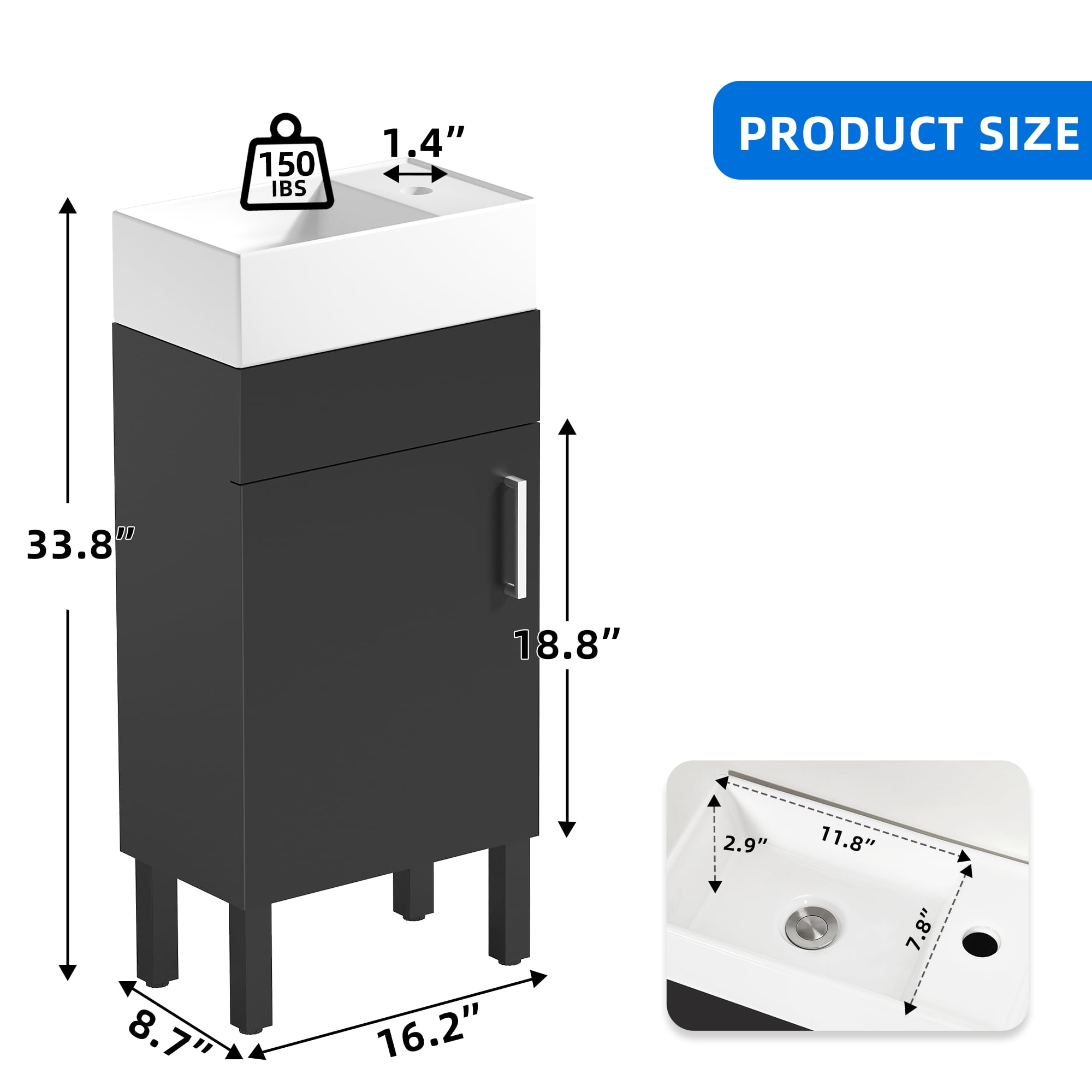 Dextrus 16 Inch Small Bathroom Vanity with Undermount Sink , Free Standing Bathroom Storage Cabinet with Drain & Door for Small Space , Black