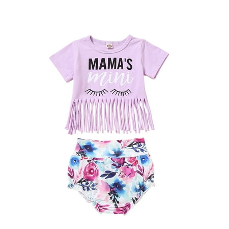 

Baby Girls Summer Tassels Letter Tops+Floral Shorts Outfits Set