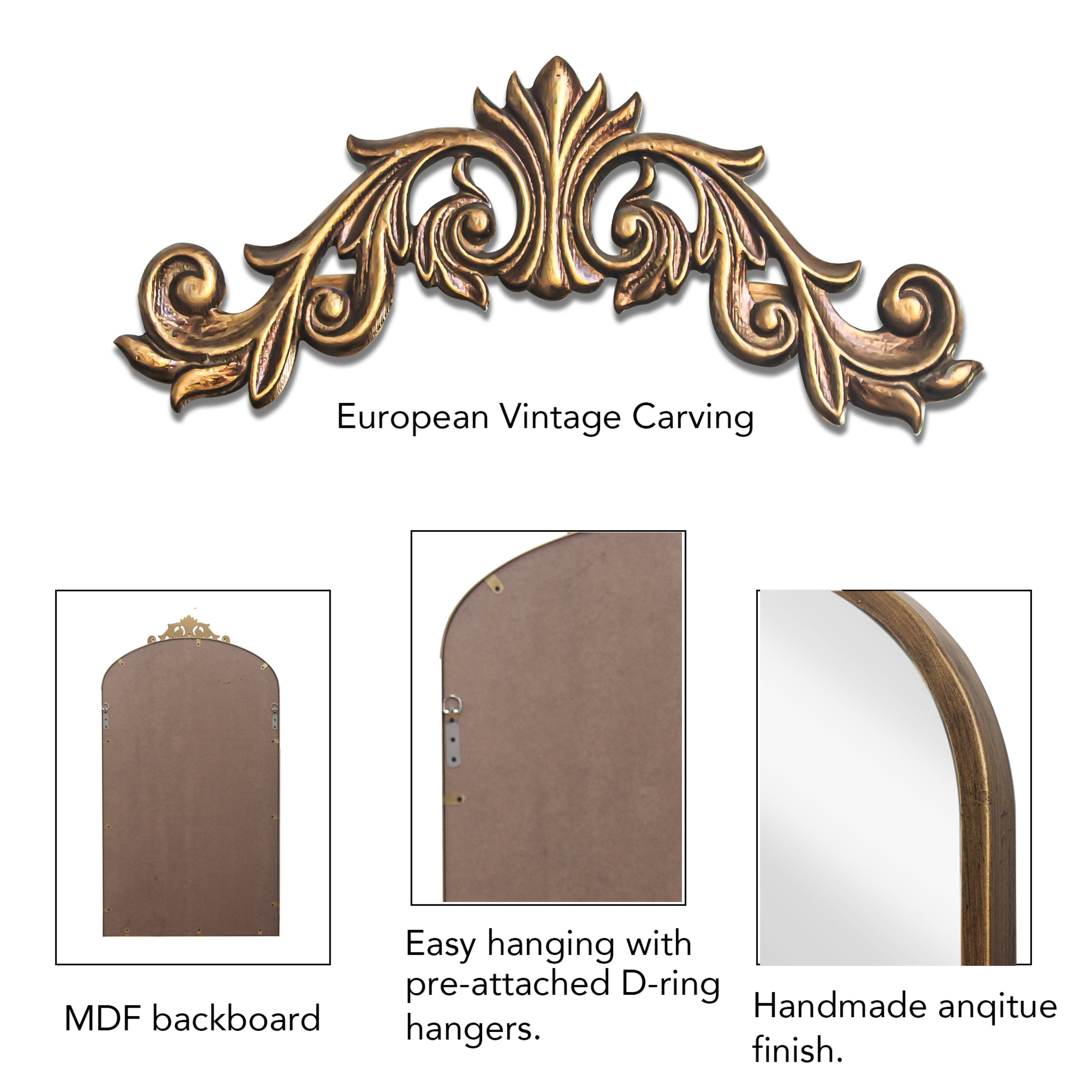Noble House 24" Vintage Ornate Arched Wall Mirror with Metal Frame, Baroque Decorative Dressing Mirror, Antique Bronze