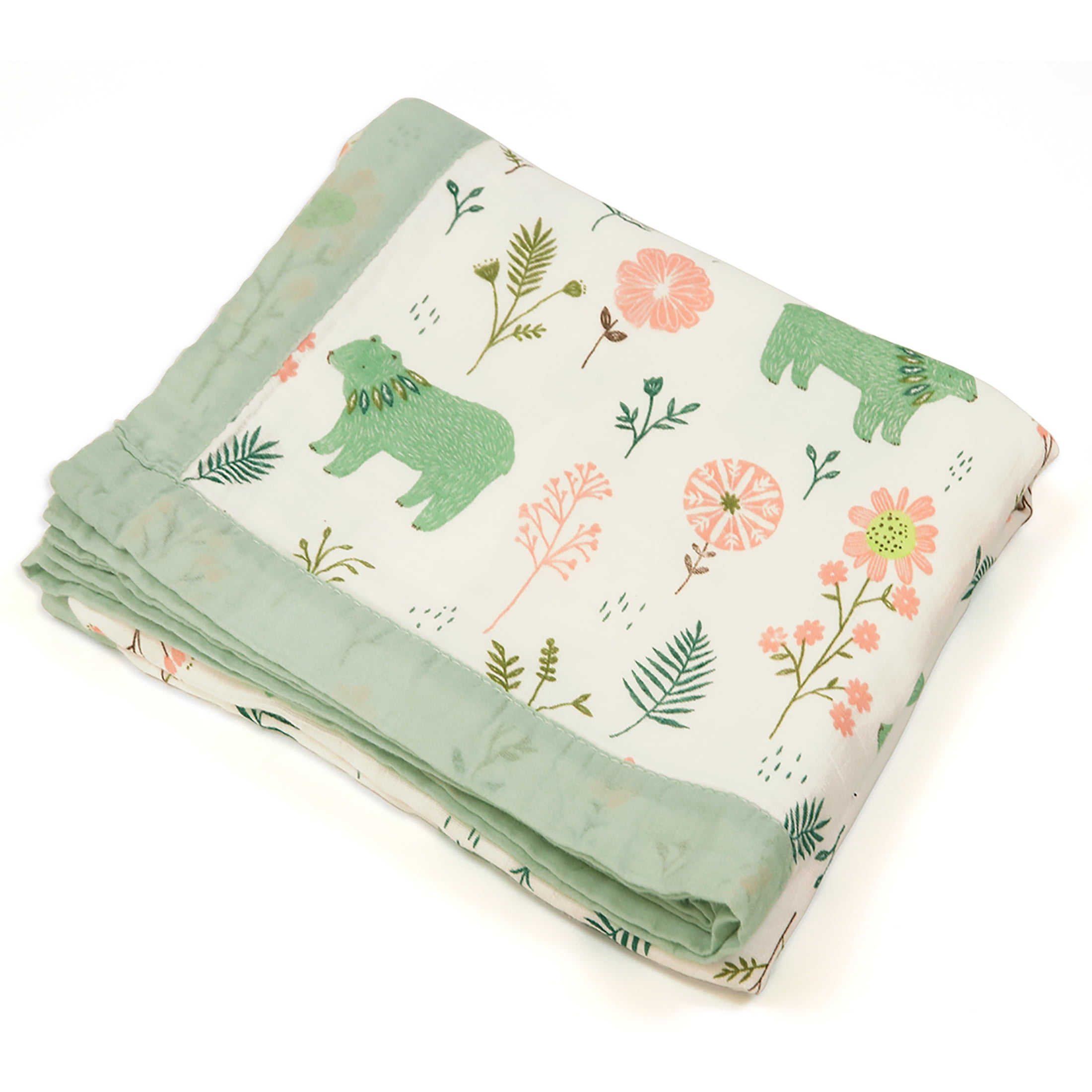 Floral Bear Muslin Swaddle Blankets, 4 Layers Baby Quilt for Boys Girls