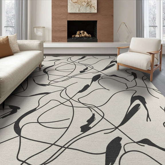 ODIKA 8'x10' Washable Area Rug Non-Slip Chair-Friendly Mat White Interlocking Lines With Modern Motif Abstract Black And Playful Expressive for Dining Room, Large Office, Lounge
