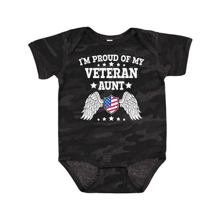

Inktastic I m Proud of My Veteran Aunt with Shield American Flag and Angel Wings Gift Baby Boy or Baby Girl Bodysuit