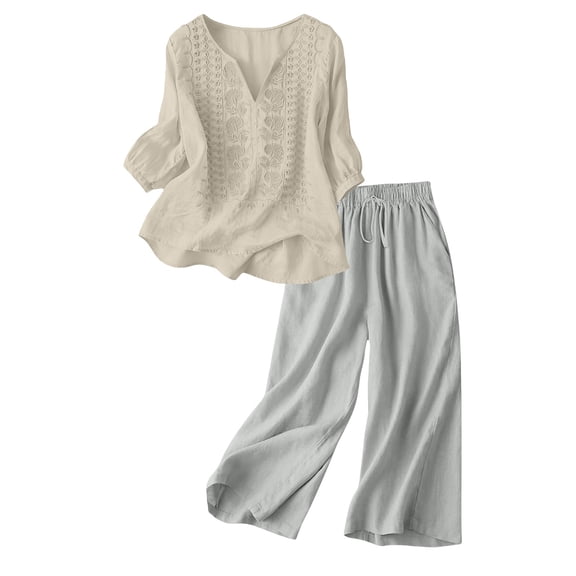 Aoiroe Women's Linen 2 Piece Outfits Short Sleeve Top Wide Leg Trouser Pants Suits Summer Casual Dressy Linen Sets Beige L