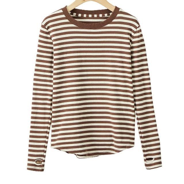 Camiseta informal de rayas con cuello redondo y manga larga para mujer