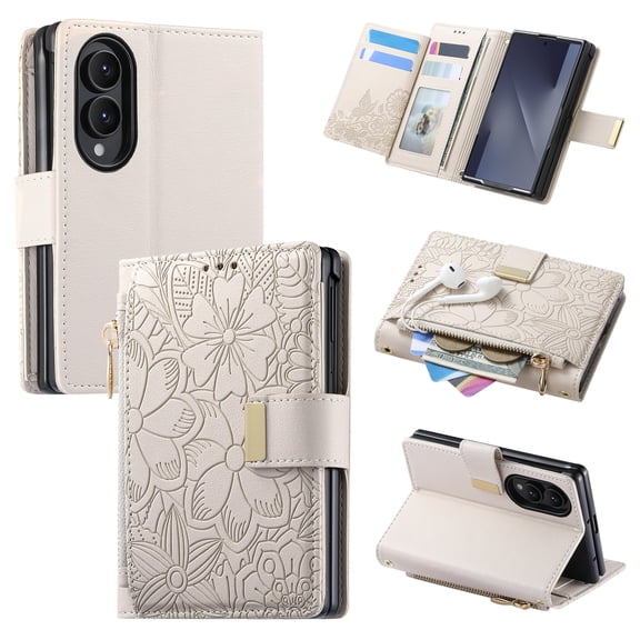 Sanwo for Samsung Galaxy Z Fold 8 Case, PU Leather Flip Wallet Case with Card Holder and Stand, Magnetic Folio Cover with Zipper Pocket, Beige