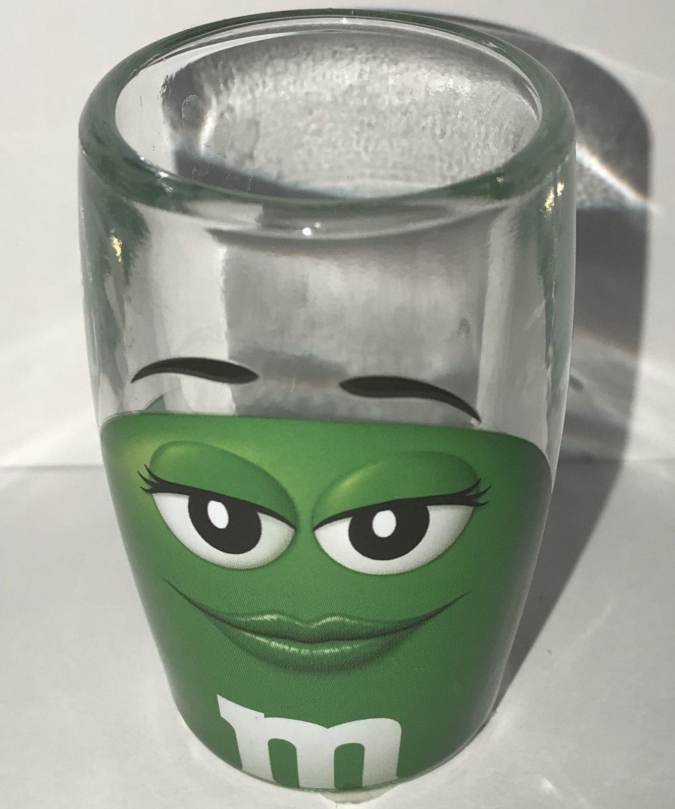 M&M's World Green Big Face Clear Shot Glass New