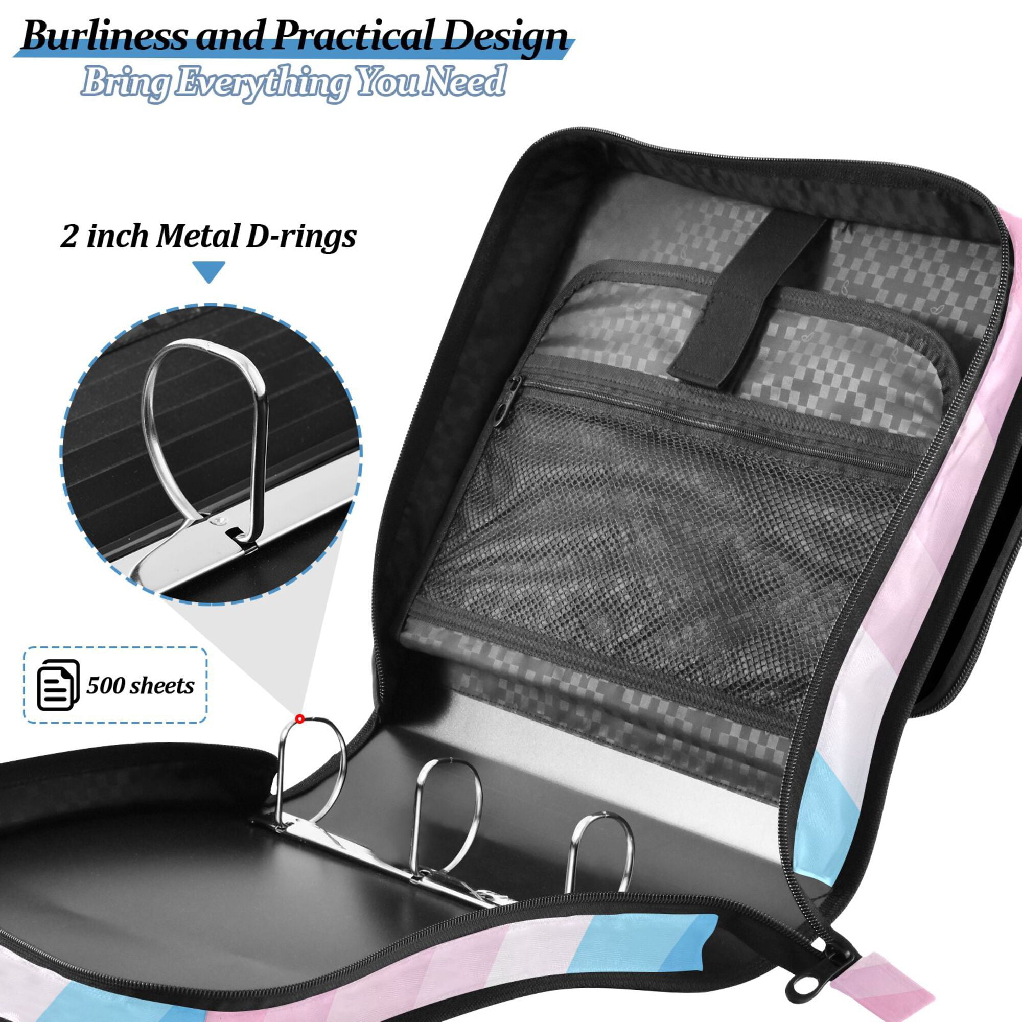 FORMRS Zipper Binder with Shoulder Strap 2-inch Ring 500 Sheet Capacity File Bag, Pink Gradient