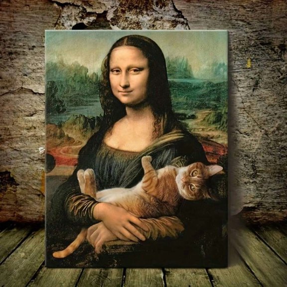 Mona Lisa Holding Ginger Cat Canvas Wall Art, Funny Classic Famous Painting with Cute Orange Cat Poster Print, Whimsical Vintage Art Wall Decor for Home