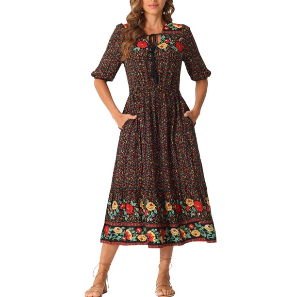 VESTIDO MIDI BOHEMIO CON CUELLO EN V Y MANGAS CORTAS INSPIRE CHIC S Negro