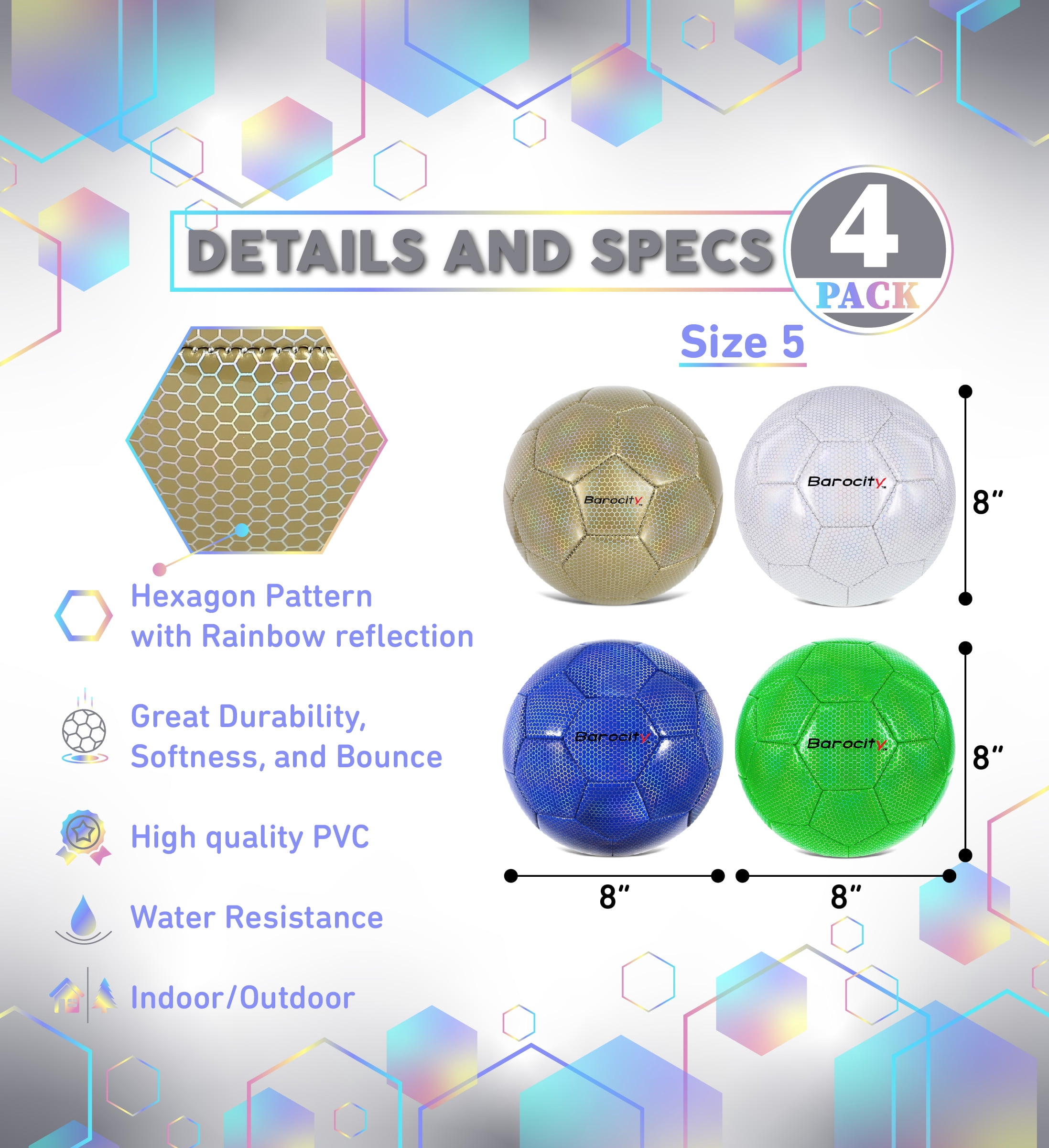 Barocity Iridescent Soccer Balls Set of 4 - Gold, Blue, White and Green Official Match Ball with Reflective Hex Pattern, Sport Soccer Balls for Indoor and Outdoor Training and Practice Games- Size 5