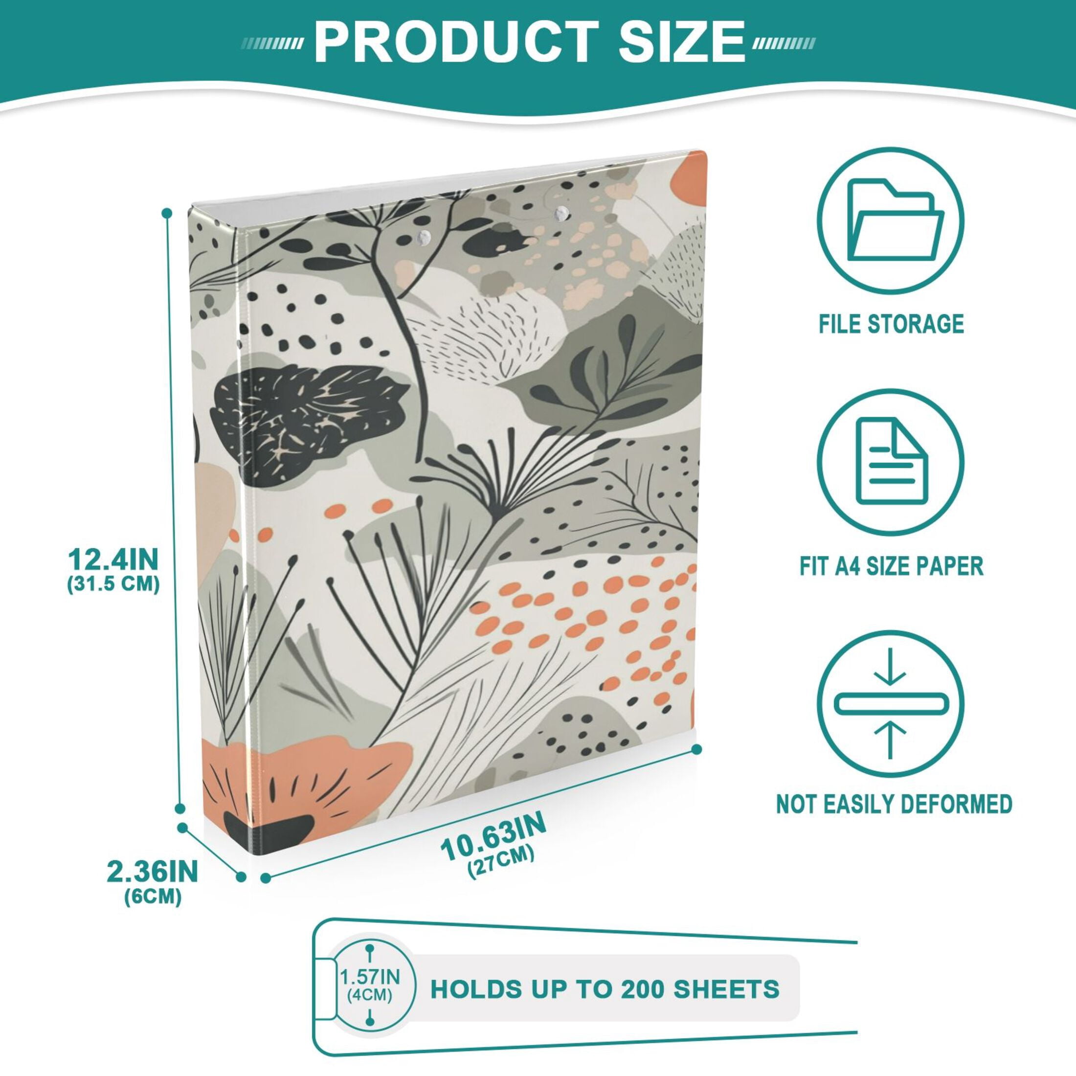 Artistic Floral Pattern 12.4x10.6in PVC Round Ring Binder, D-Ring 3-Hole, Metal Clip, 200 Sheets