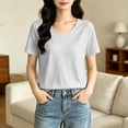 thumbnail image 2 of Fengqque Womens Short Sleeve Tops V Neck Summer T Shirt Casual Basic Tees Solid Color Trendy Tops Gray S(S), 2 of 6