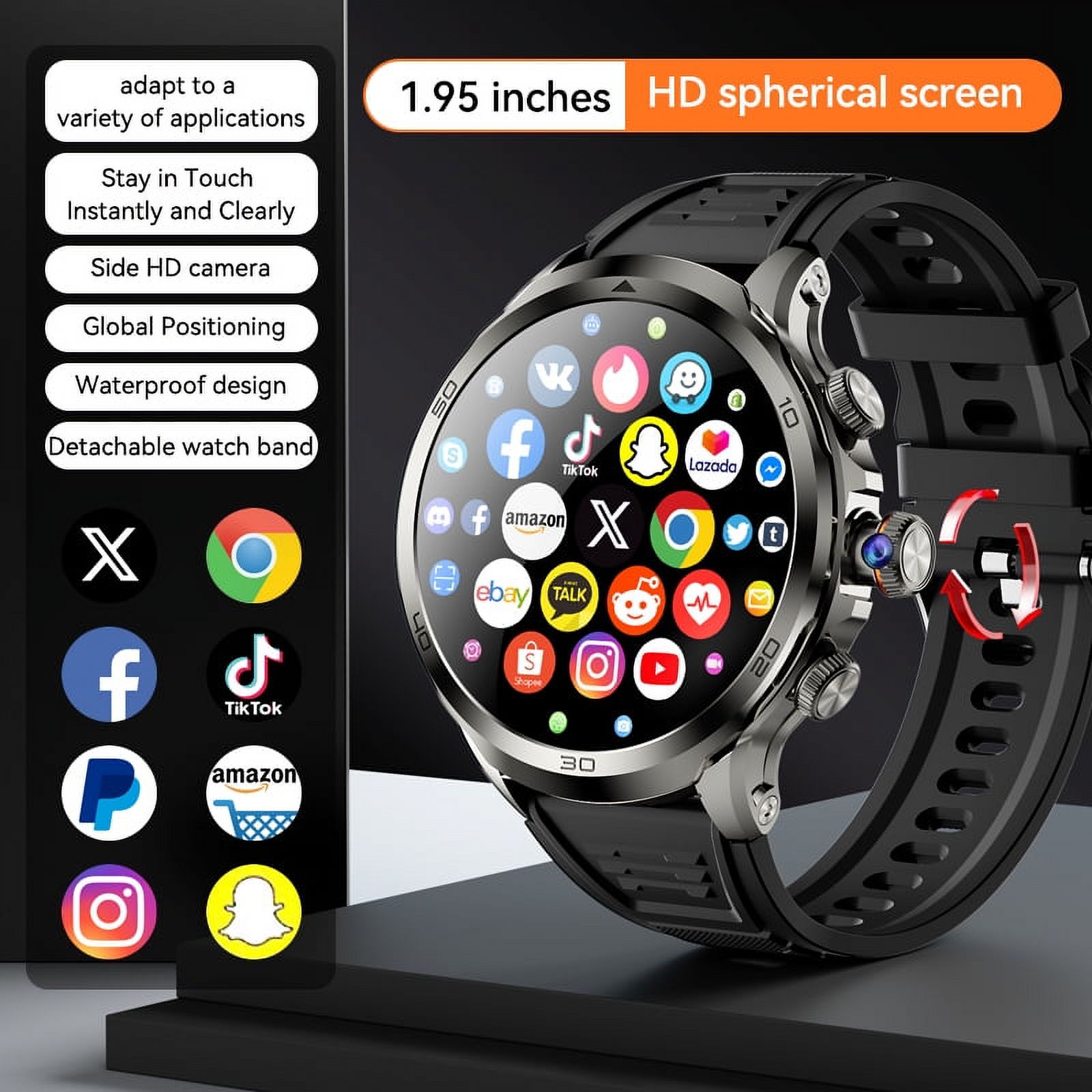 E EYAFA Android Smart Watch with SIM Card Slot, 3GB RAM + 32GB ROM, 1.95-Inch AMOLED Screen for Men and Women