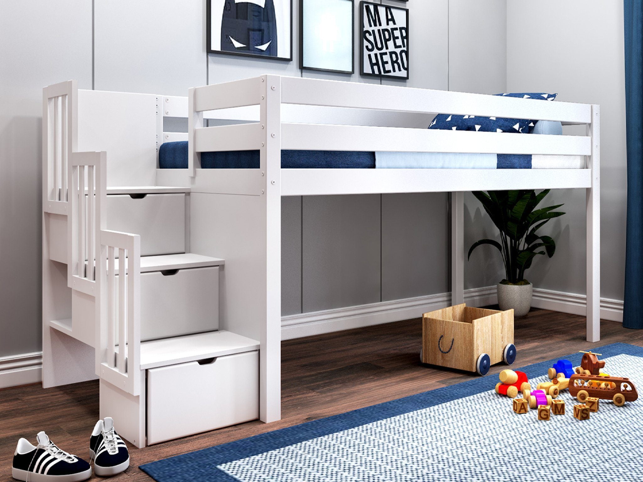 JACKPOT! Contemporary Low Loft Twin Bed with Stairway Loft Bed White