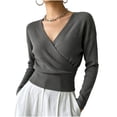 thumbnail image 2 of XUNKUSGA Sweaters for Women Fashion Wrap Cross V Neck Long Sleeve Knit Sweaters Classic Solid Color Slim Fit Pullover Sweaters Lightweight Soft Knit Tops for Women Dark Gray L, 2 of 9