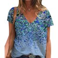 thumbnail image 3 of Camisa floral de manga corta para mujer Camiseta floral suelta con cuello en V suave de moda informal para verano Azul M, 3 of 5