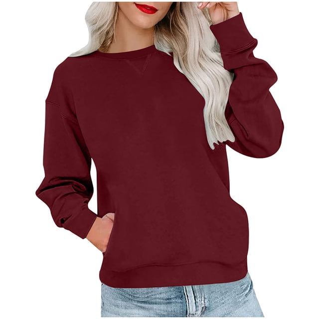 KIHOUT Printemps Hiver Hauts pour Femmes Mode Solide Ample Col Rond Manches Longues Poche Blouse Chandail Hauts Blouse