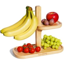 NiHome Steel Hook Bamboo Banana Holder Stand, 2-Tier Fruit Basket Bowl with Banana Hanger Hook for Kitchen Counter, Fruit and Vegetable Storage Organizer
