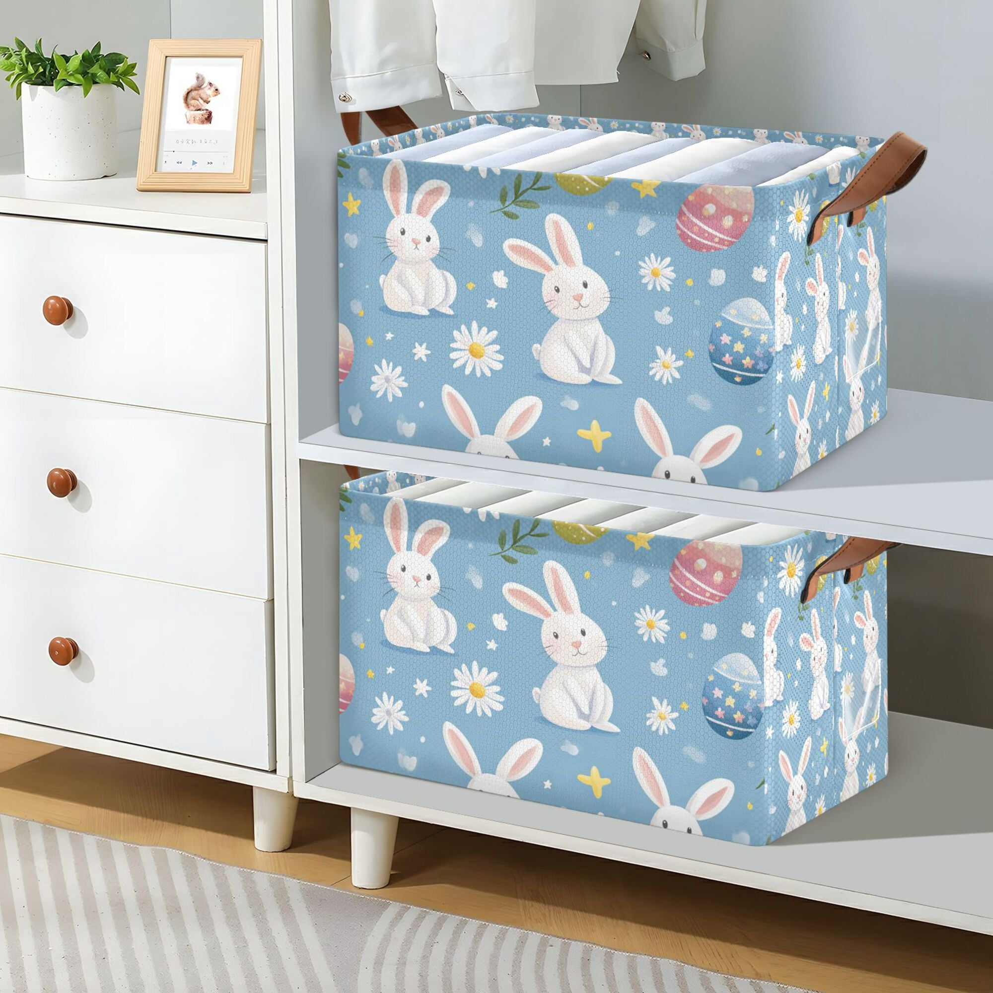 Yayeee Foldable Storage Basket for Shelves Waterproof Cloth Bins with Handles, Cartoon Easter Bunnies