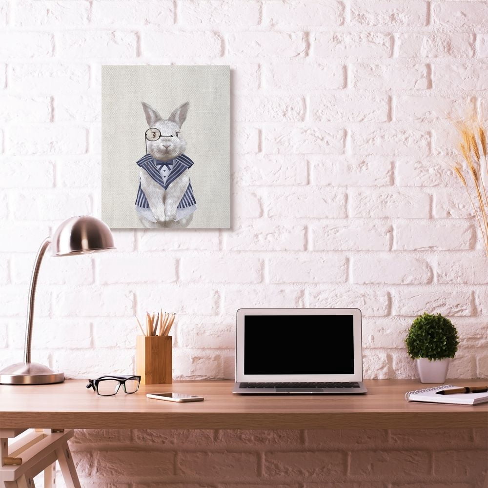 Butler Bunny Kids Animal Blue Painting Oversized Stretched Canvas Wall Art by Ziwei Li