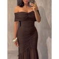 thumbnail image 4 of Coffee Brown Foldover Off Shoulder Ruched Cinched Waist Mermaid Evening Gown Slim Fit Party Dress, 4 of 8