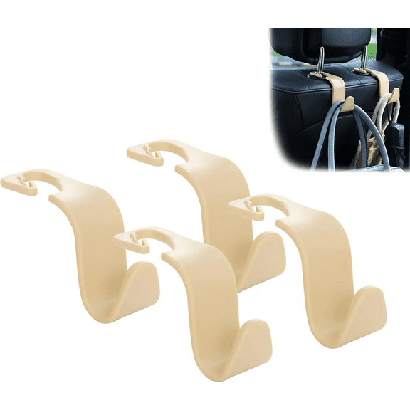 Jusdreen Car Seat Headrest Hook 4 Pack Hanger Storage Organizer Universal for Handbag Purse Coat Universal Fit Vehicle Car- Beige