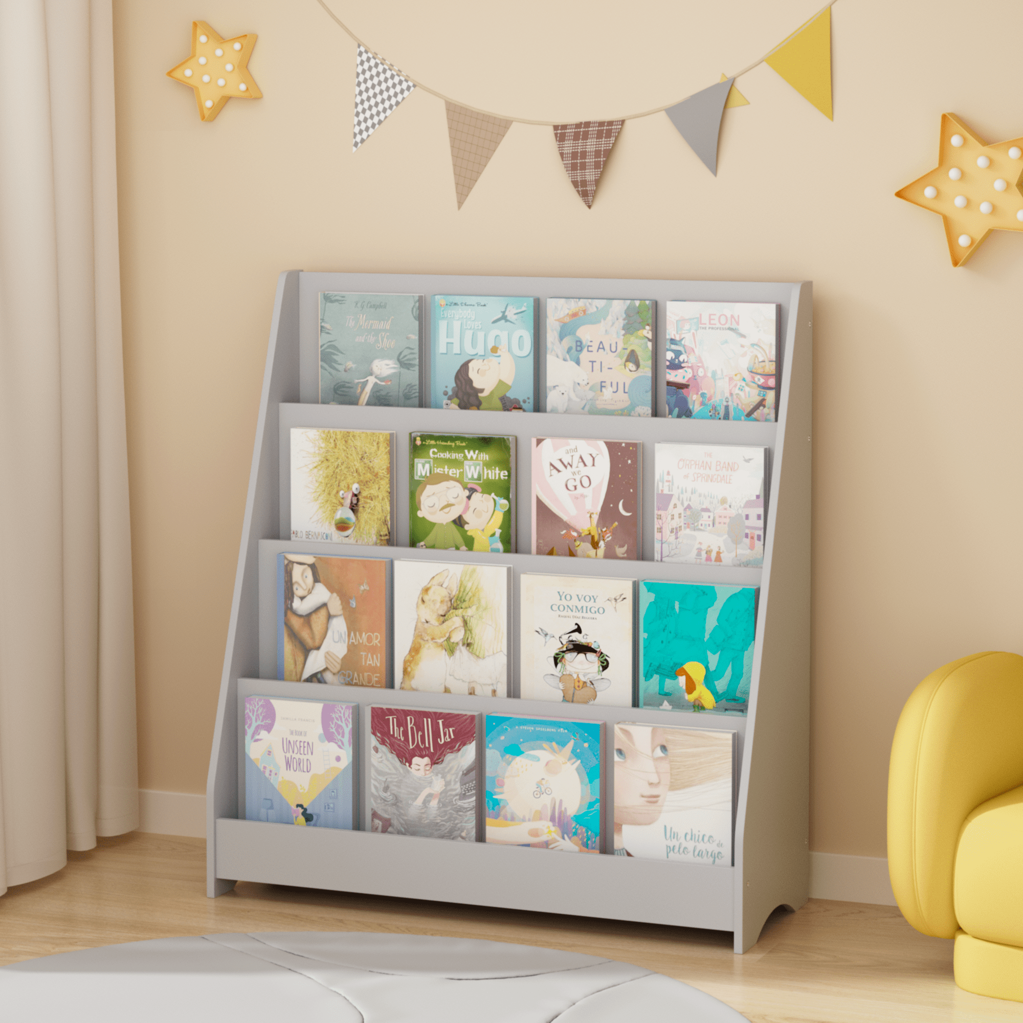 4-Tier Kids Bookshelf with Toy Storage Bin Triangular Support MDF Childrens Book Display Organizer