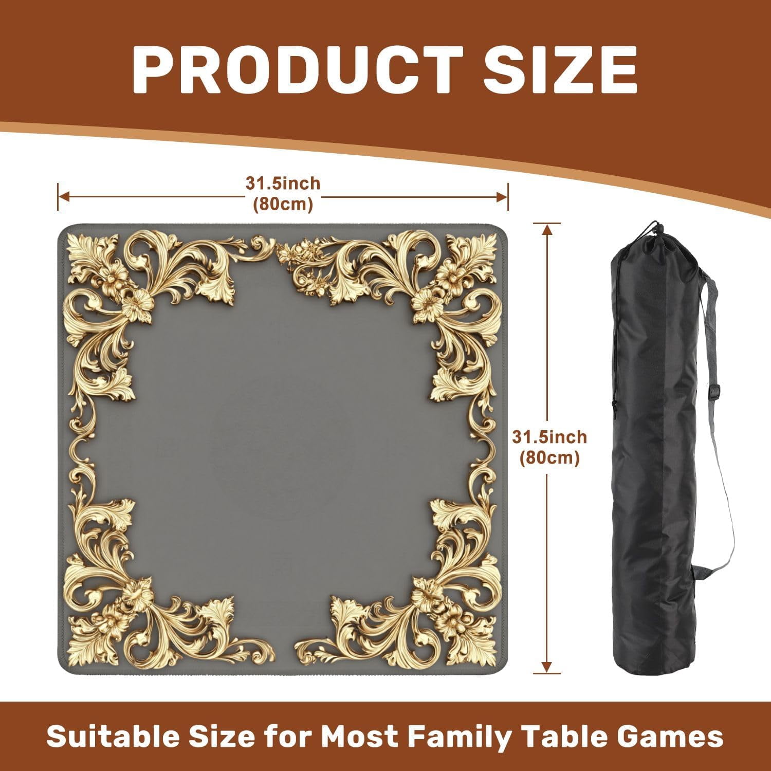 Mahjong Mat 31.5" x 31.5" Ornate Golden Baroque Frame Flourishes Decorative Swirls Non-Slip Noise Reduction Mahjong Tiles Table Cover for Dominoes Poker Card Board and Tile Games Gift