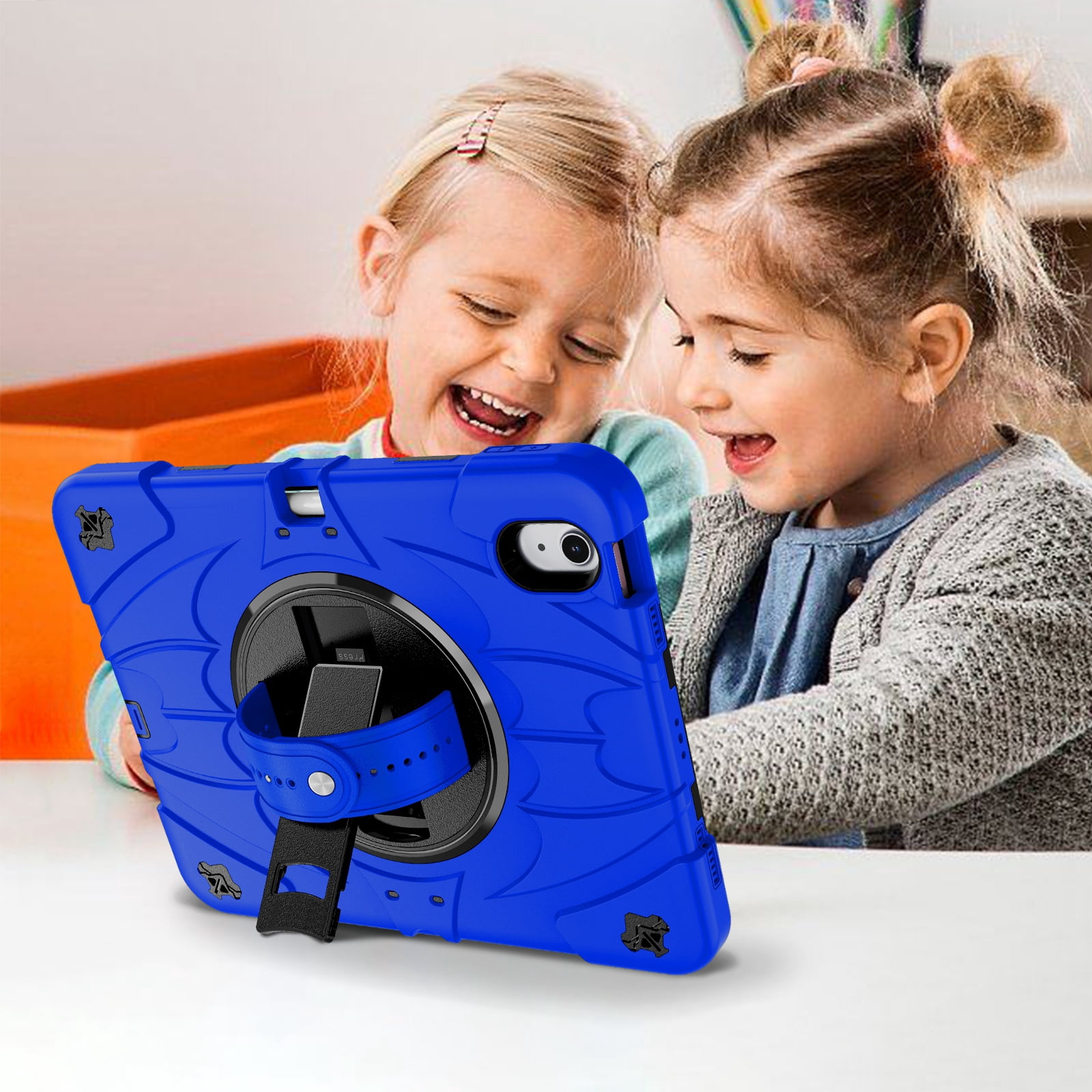 ELEHOLD Case for Apple iPad 10th Gen, Heavy Duty Shockproof Case with Pencil Holder/Stand/Hand Strap/Shoulder Belt, Rugged Protective Cover for Boys Girls,Blue