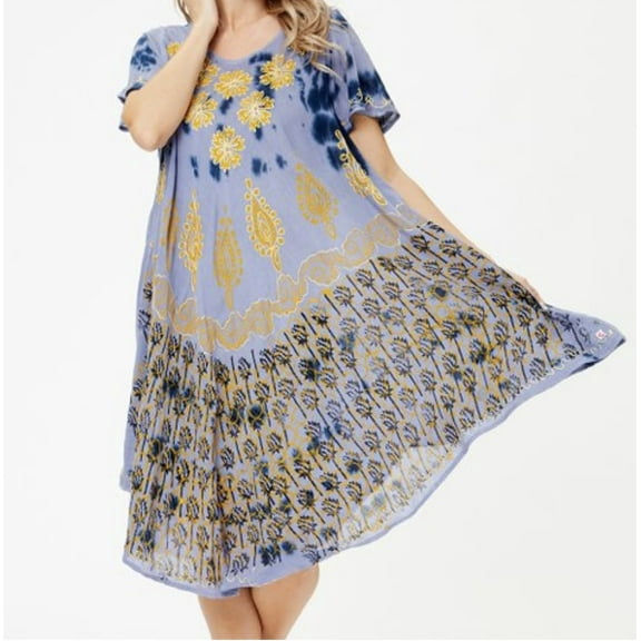 Womens Sundress Tie Dye Design Casual Summer Dress A-line Short Sleeves Hippie Style Boho Bohemian Beach Cruise Vacation Wear