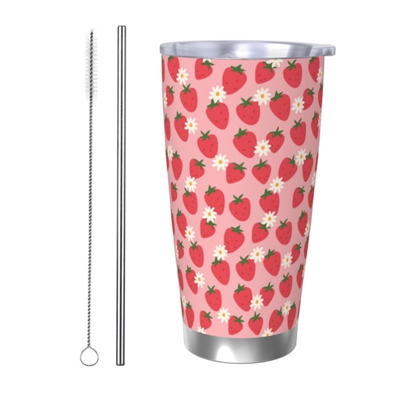 Logiee Strawberry And Flowers Print 20OZ Car Cup with Lid, Stainless Steel Vacuum Insulated Double Wall Travel Tumbler, Durable Insulated Coffee Mug,Thermal Cup with Straw-Straw Two-piece Set