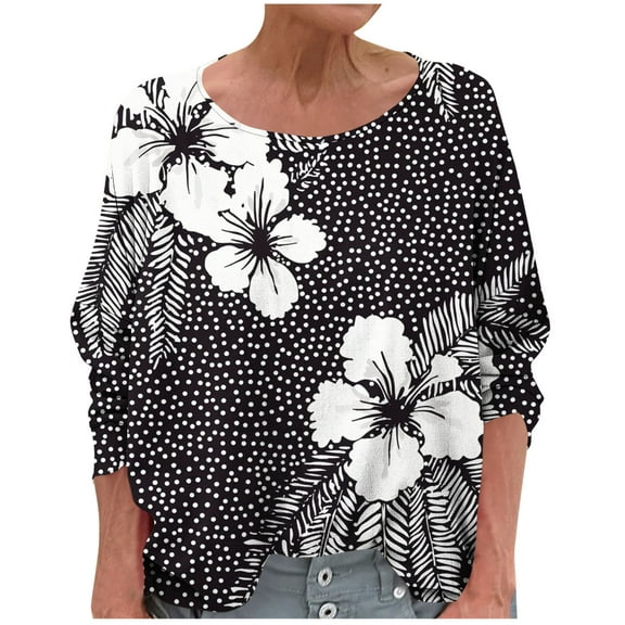 Women's T-Shirts Linen 3/4 Sleeve Crewneck Floral Printed Casual Dressy Loose Comfy Tunic Tops
