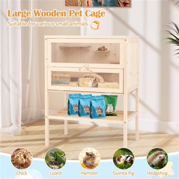 31.5 " Fir Wood Hamster Cage with Flip Mesh Roof, Multi-Level Activity Areas & Bottom Storage Shelf