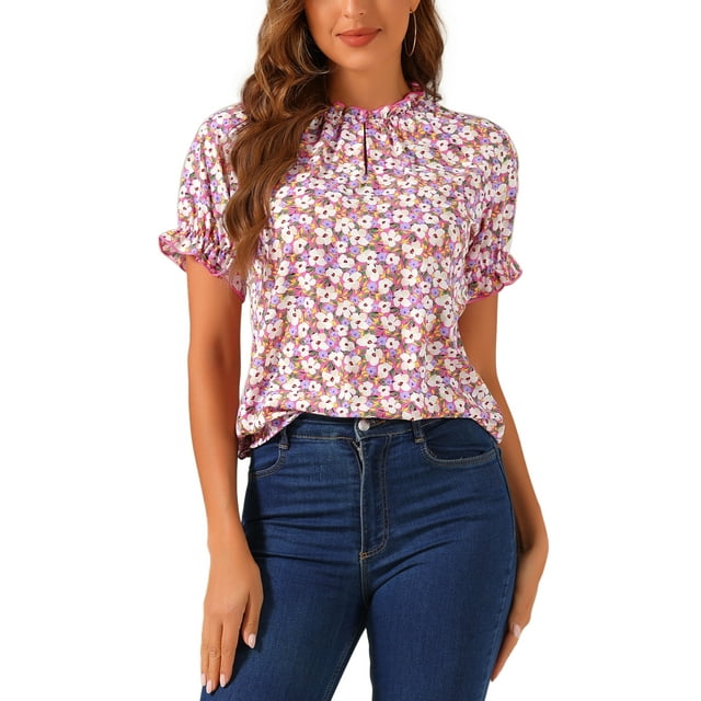 INSPIRE CHIC Women's Blouse Floral Ruffled Short Sleeve Ruffle Neck Casual Blouses S Hot Pink