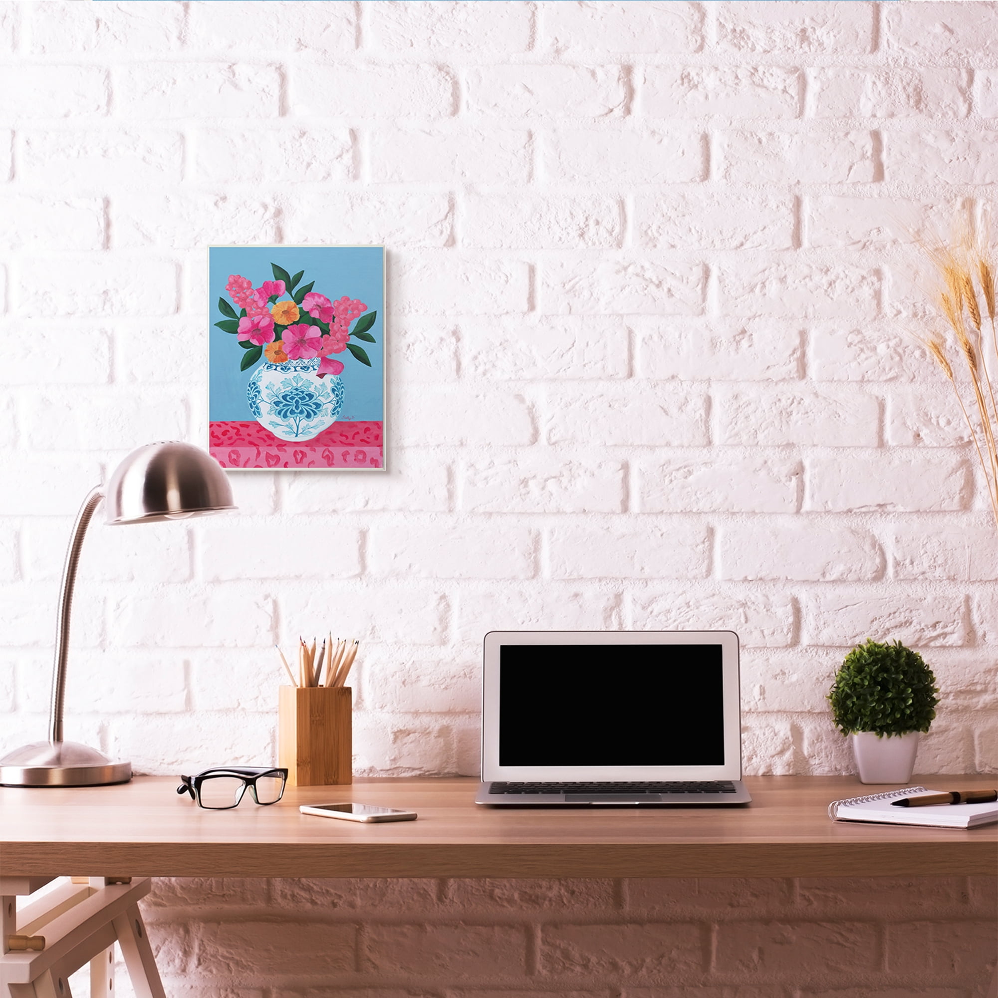 Stupell Industries Flower Vase Pink Blue Painting Wall Plaque by Sally B