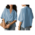 thumbnail image 3 of Blusa Informal Elegante para Mujer, de Negocios, de Corta, con Cuello en V y Tapeta, Camisa de Trabajo Azul XXL, 3 of 8