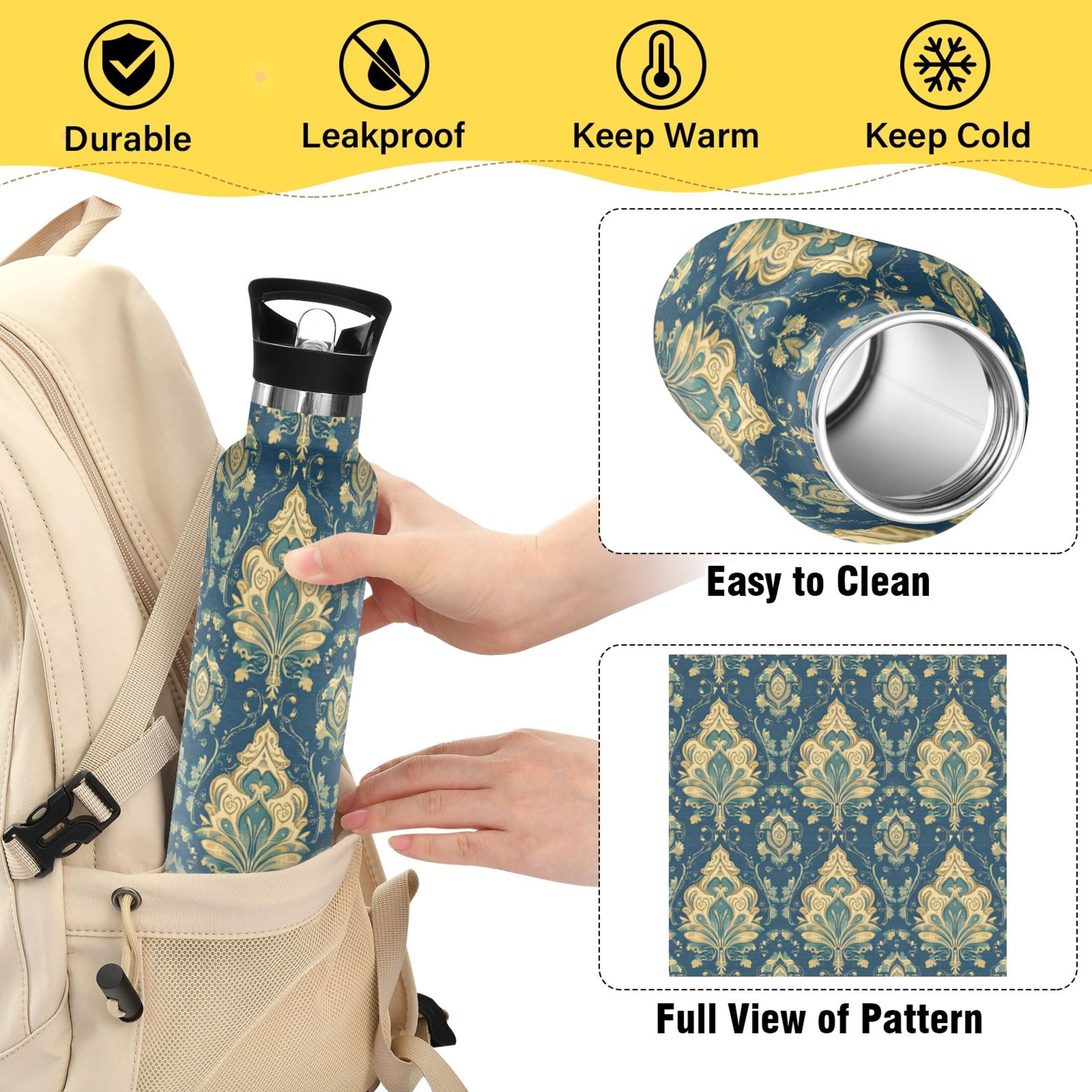 Kids Insulated Stainless Steel Sports Water Bottle 600ml (20oz) Elegant Prints