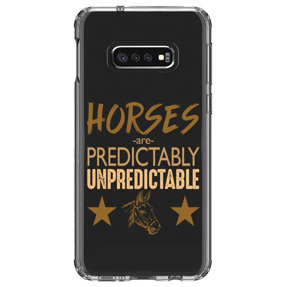 DistinctInk Clear Shockproof Hybrid Case for Samsung Galaxy S10e (5.8" Screen) - TPU Bumper Acrylic Back Tempered Glass Screen Protector - Horses are Predictably Unpredictable