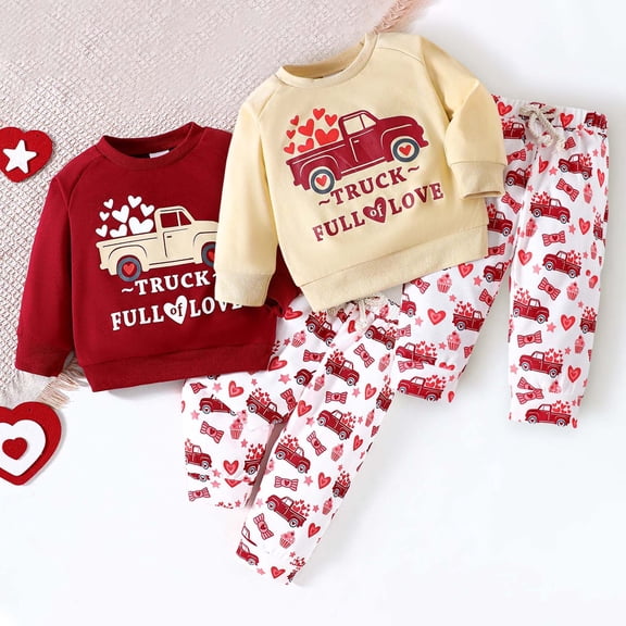 ibiyuan Valentines Baby Girl Outfit Toddler Boys Girls Valentine's Day Letter Print Outfit Long Sleeve Pullover T-Shirt Tops Pants Matching Casual Set,18-24 Months