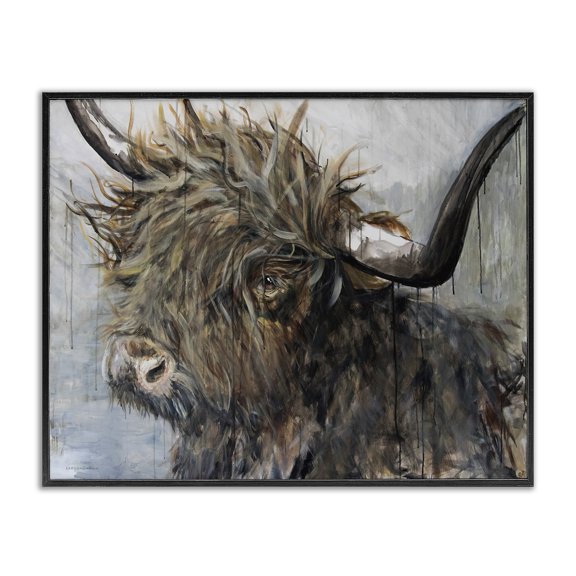 Stupell Industries Farmhouse Baby Highland Cattle Portrait Rustic Rain Paint Drip Black Framed Giclee Art, 14 x 11, by Kamdon Kreations