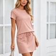 thumbnail image 4 of Women's Comfy Lounge Set Crewneck Short Sleeve T-Shirt and Drawstring Mini Skirt Casual Everyday 2 PC Outfit Sets Pink M, 4 of 5