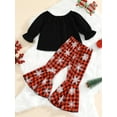 thumbnail image 2 of Baby Girls Christmas Outfits Off Shoulder Top Ruffle Long Sleeve Shirt Plaid Print Flare Pants Set, 2 of 6