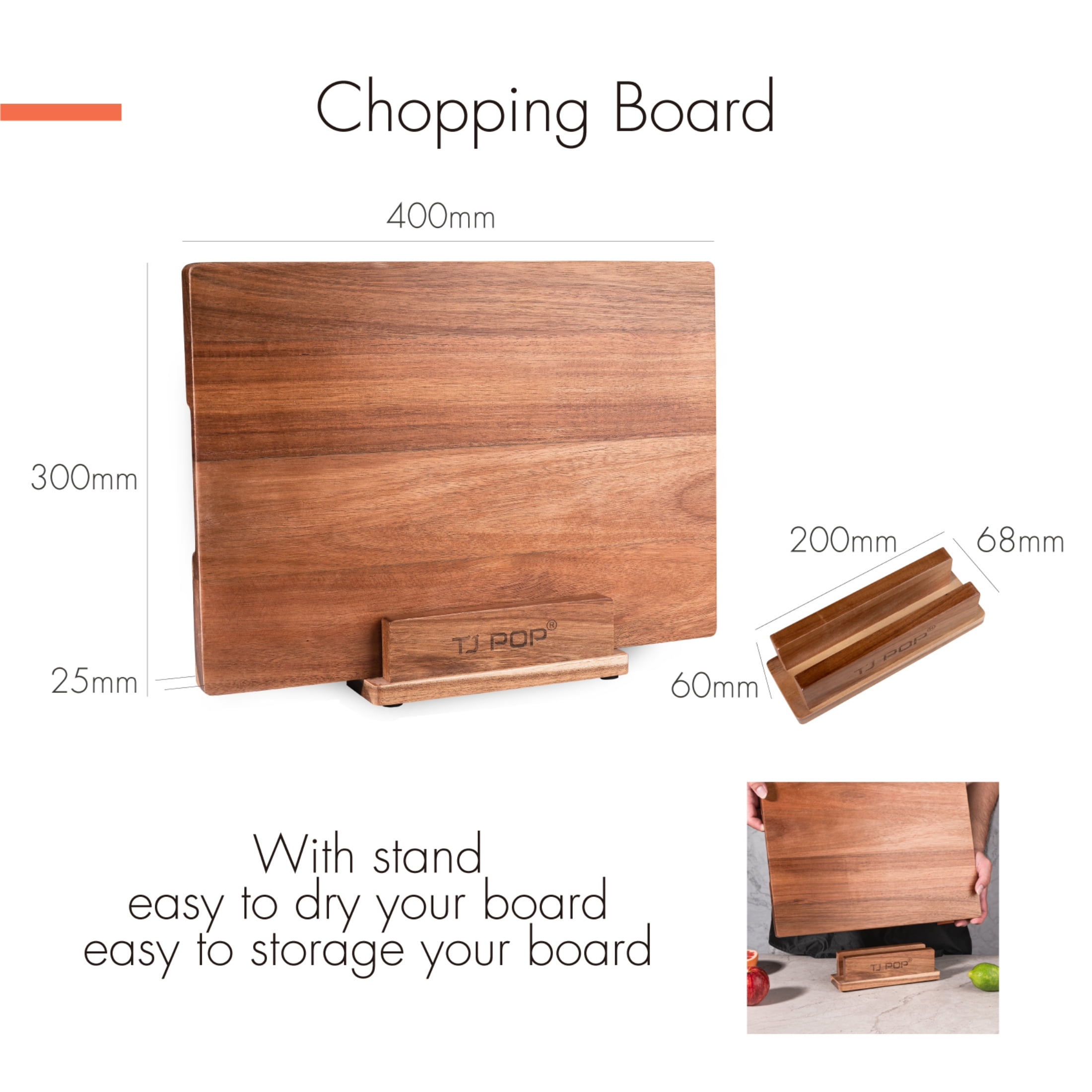 TJ POP Acacia Wood Chopping Board for Kitchen, Premium Wooden Cutting Board with Stand Organizer and Built-in Handles, 16 X 12 X 1 in