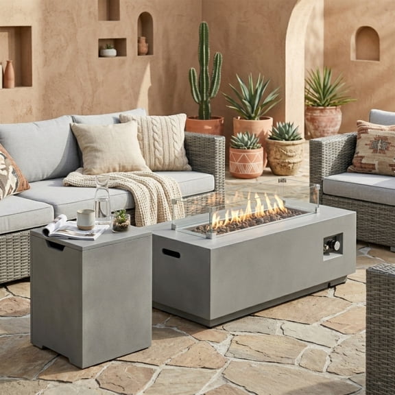 Gearwell Fire Pit Table, 42 Inch Propane Gas Fire Table 2-Piece 50000 BTU Rectangular Steel Outdoor Fireplace with Glass Wind Guard for Patio Deck Garden, Gray