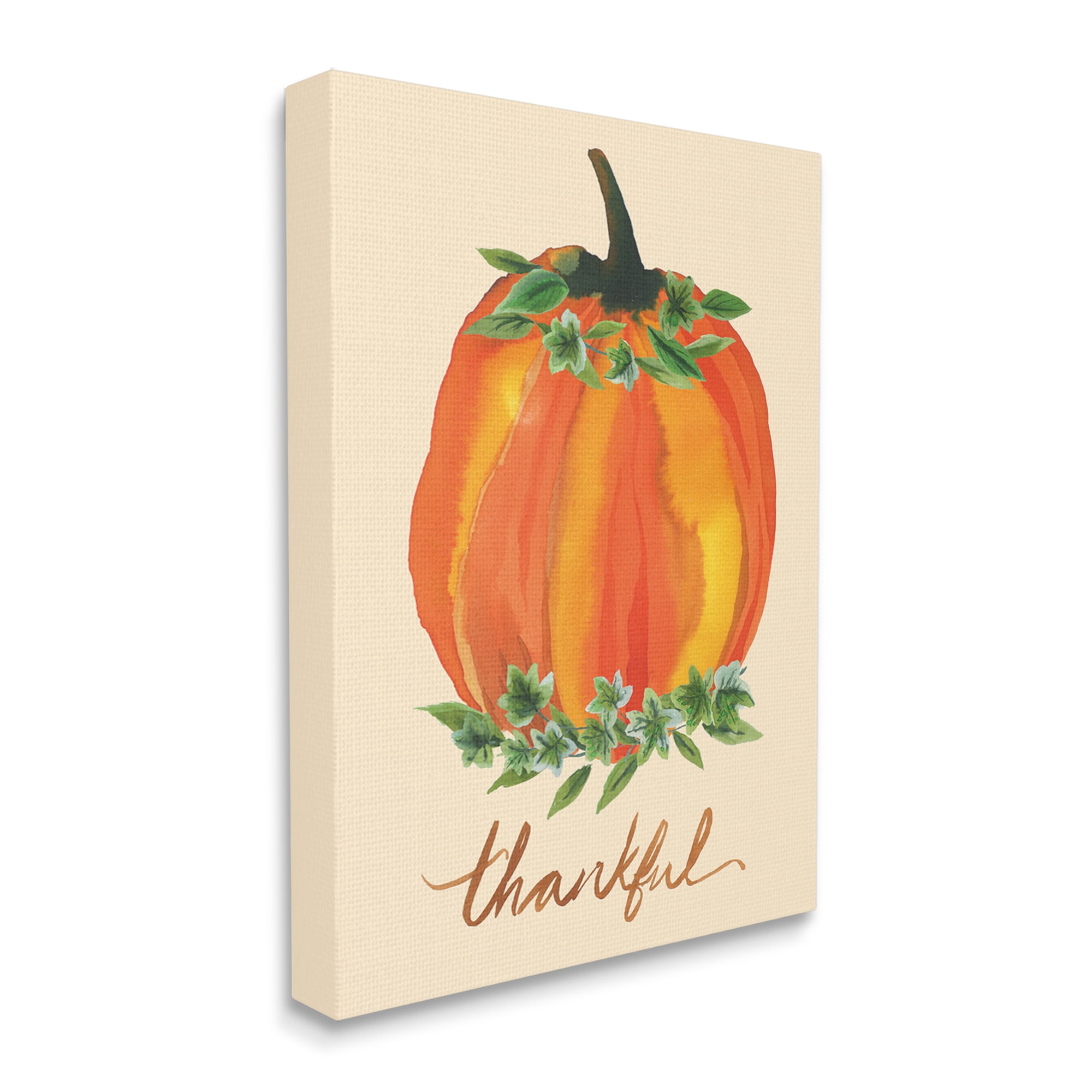 Stupell Industries Thankful Orange Pumpkin Leaf Botanicals Autumn Plants Graphic Art Gallery Wrapped Canvas Print Wall Art, Design by Heather McLaughlin