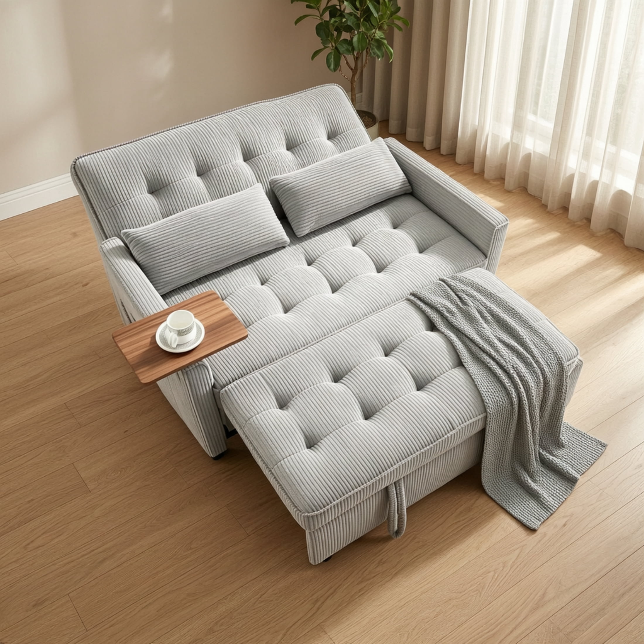 Vinform 54" Convertible Sleeper Sofa Bed, 3 in 1 Pull Out Loveseat with Arm Table and USB Port for Small Spaces, Corduroy, Gray