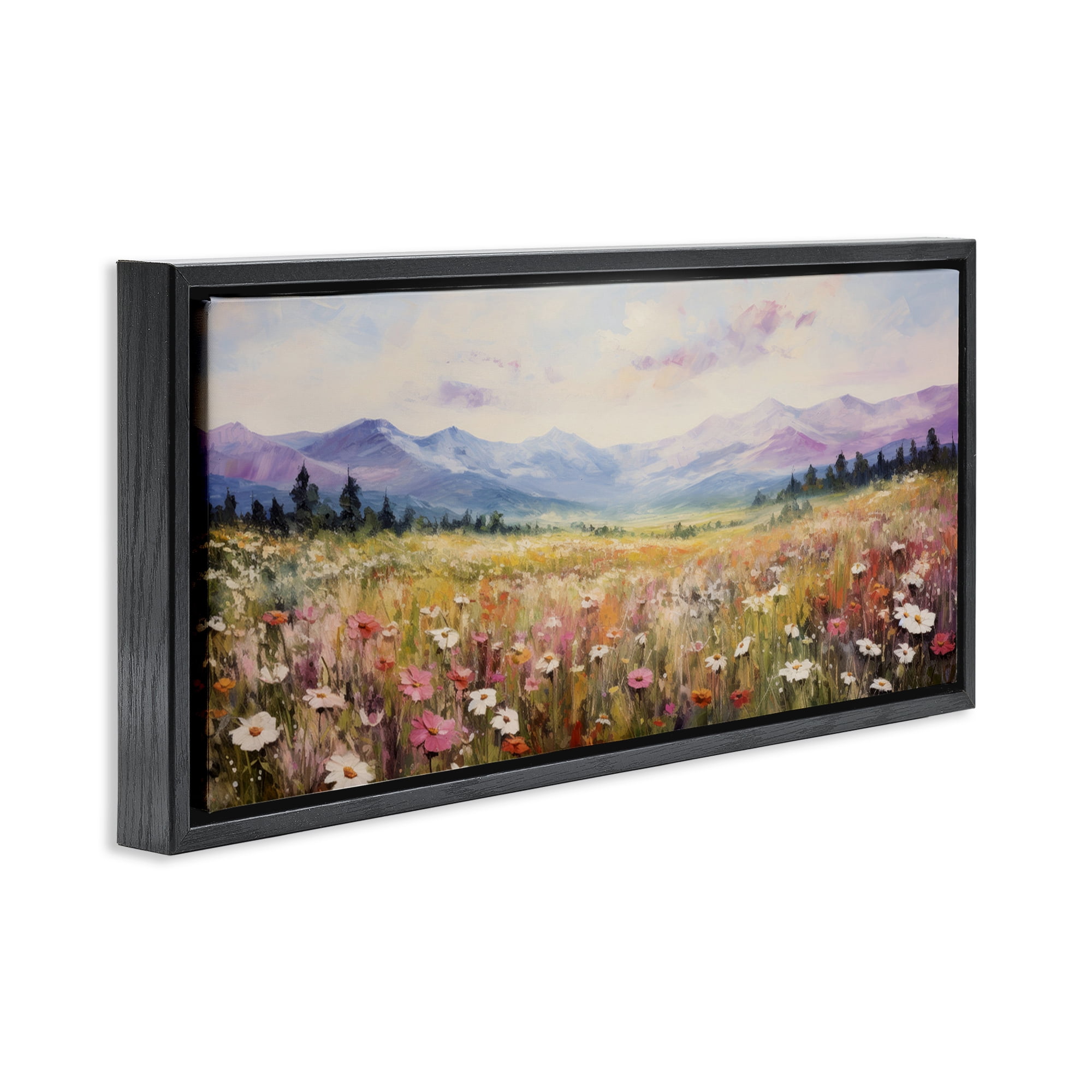Stupell Industries Mountainous Daisy Meadow Landscape Painting Black Floater Framed Art Print Wall Art, 25 x 11