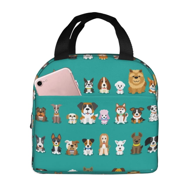 Fotbe Cartoon Dogs Bolsa Térmica con Estampado y Forro de Aluminio Grueso Bolsa de Almuerzo con Bolsillo Frontal para Hombres y Mujeres, Ideal para Trabajo, Escuela
